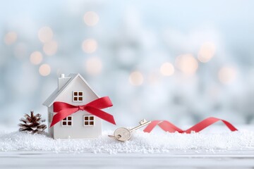 Miniature house with red ribbon and key in snowy holiday setting