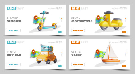 Easy rent service, online booking touristic transport 3D banner vector set, travel by car, electric scooter, motorcycle