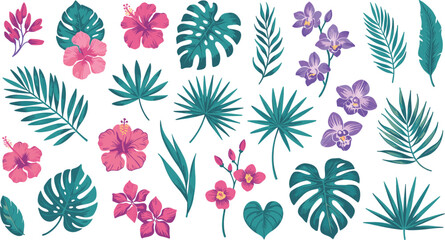 Tropical Flowers And Leaves Collection hibiscus orchid