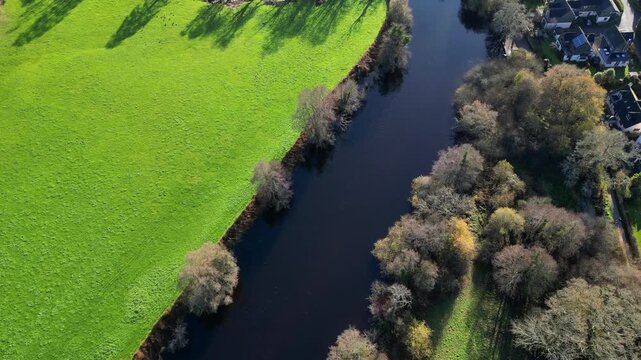 Totnes, Devon, England: DRONE VIEWS: An overhead view of the Weir Hydro: a twin archimedes screw design producing water-powered, clean electricity; it generates 1,250 MWh of electricity per year.