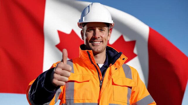 Canadian worker giving a thumbsup in front of national flag. positive symbol of industrious spirit and national pride.
