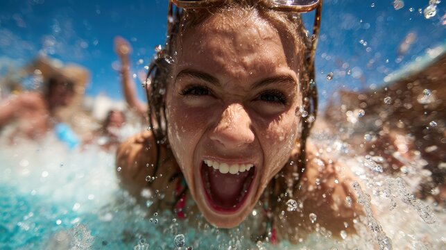 A young girl enjoys a thrilling moment of laughter and excitement as she splashes into the swimming pool, capturing the joy of summer and carefree childhood moments.