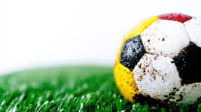 Close-up of a muddy soccer ball resting on vibrant artificial grass, representing the spirit of sports, playfulness, and the passion for athletic competition in an exciting environment. - Powered by Adobe