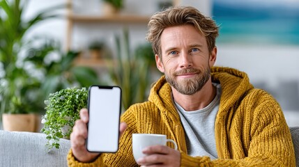 A cheerful man sitting in a cozy living room holds a smartphone in one hand and a coffee cup in the other, showcasing a relaxed and inviting atmosphere.