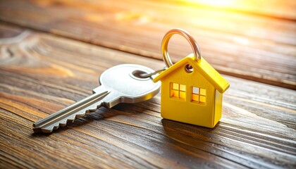 Realistic House-Shaped Yellow Keychain with Key on Wooden Background for Real Estate Concepts