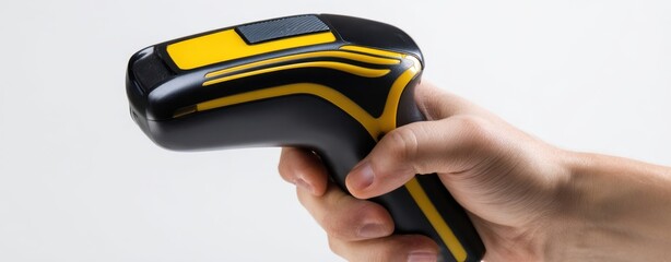 The barcode scanner in a hand being used for retail scanning and inventory management