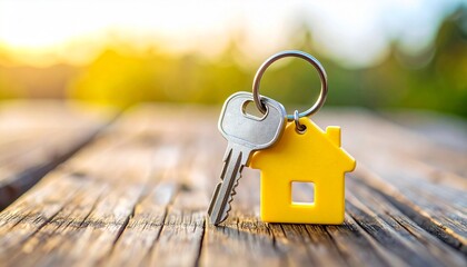 Realistic House-Shaped Yellow Keychain with Key on Wooden Background for Real Estate Concepts