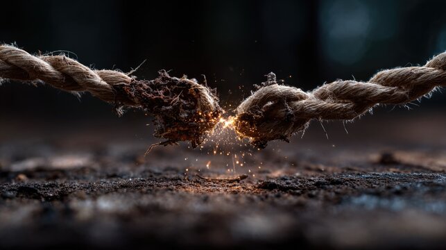 A close-up of a rope breaking apart, creating a dramatic scene with flying sparks, symbolizing tension and release in a powerful moment.