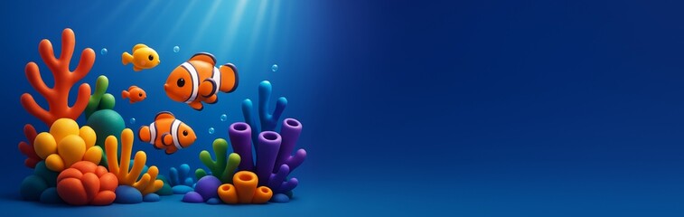 Fototapeta premium Colorful cartoon clownfish and coral reef underwater scene with vibrant marine life on blue background with copy space for creative design template. Ai generative