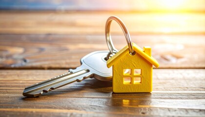 Realistic House-Shaped Yellow Keychain with Key on Wooden Background for Real Estate Concepts