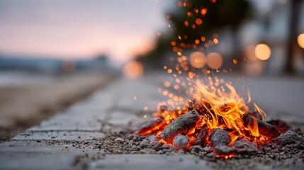 A warm campfire crackles on the beachside paving stones, emitting glowing sparks against a serene sunset backdrop, inviting warmth and relaxation amidst nature.