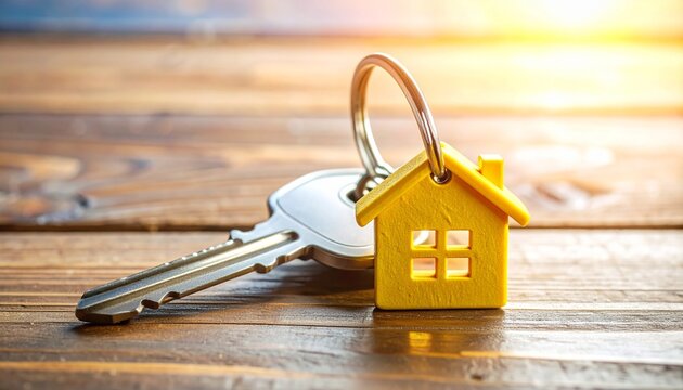 Realistic House-Shaped Yellow Keychain with Key on Wooden Background for Real Estate Concepts