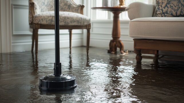 Sump pump in residential basement removing flood water from hardwood floor near furniture, indicating indoor water removal and flood protection.