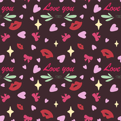 Bold, seamless vector pattern featuring the phrase "Love you," kisses, bows, scattered hearts, and botanical sprigs on a deep burgundy background, perfect for striking romantic digital paper.