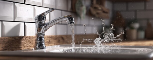 The chrome faucet splashing water into a white ceramic sink with tiled backsplash