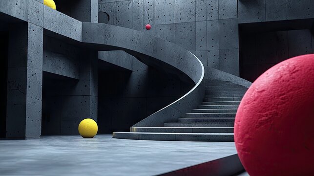 An abstract architectural scene featuring a concrete structure, a spiral staircase, and spheres of different colors, with dramatic lighting.