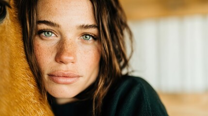 This intimate portrait features a young woman gently embracing a horse, creating a serene connection that showcases the bond between humans and animals in a natural environment.