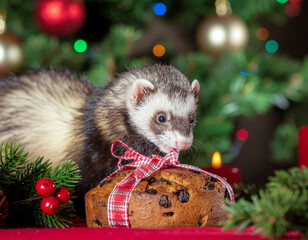 A ferret at Christmas nibbling on some fruitcake in front of a Christmas tree. Ai