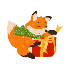 Cute fox with a green scarf holding a red Christmas gift box with a yellow ribbon. Vector cartoon animal illustration for holiday cards, children’s designs, winter decor, sticker and print