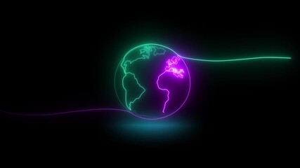 Animated glowing continuous single line drawing of planet earth animation, line art neon glowing illustration animated concept on a black background .4k animation video and motion video . - Powered by Adobe
