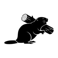 A black silhouette of a beaver carrying a log on its back on white background