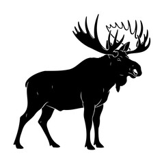 Silhouette illustration of a large moose with prominent antlers standing