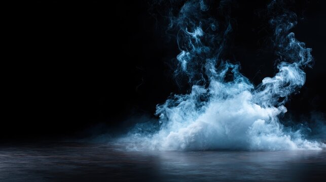 A captivating swirl of blue smoke rises against a dark backdrop, creating an enigmatic atmosphere full of intrigue and artistic potential for various creative projects.