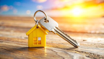Realistic House-Shaped Yellow Keychain with Key on Wooden Background for Real Estate Concepts