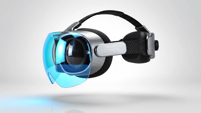 Close-up of a sleek virtual reality headset with blue-tinted lenses and black headband against a gray background with subtle shadows.