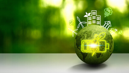Green earth globe with a glowing neon style battery icon with a leaf. Concept of Bio Energy