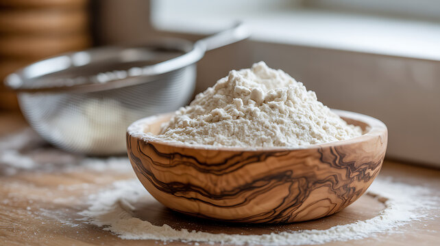 Close up of a small olive wood bowl heaped with white flour next to a metal sieve on a wooden table baking and cooking preparation rustic kitchen setting