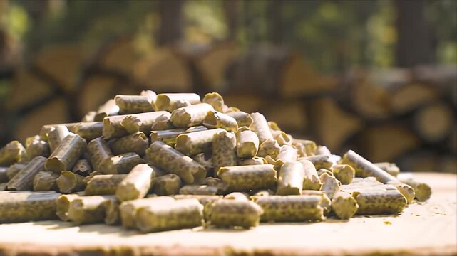 Eco-friendly wood pellets are piled on a wooden surface with blurred stacked firewood