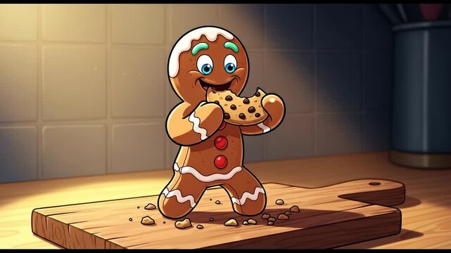Gingerbread man eating a cookie on a wooden board.