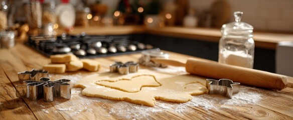 The Cookie Dough and Star Cutters on a Rustic Wooden Kitchen Work Surface