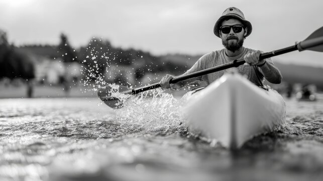 A man paddles vigorously in a kayak, showcasing the beauty of nature and the thrill of outdoor water sports, capturing a moment of adventure and freedom on the water.