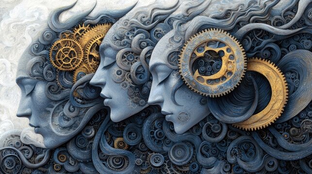 An artistic composition featuring three faces with closed eyes, intricate hair, and gears, creating a dreamlike and surreal atmosphere.
