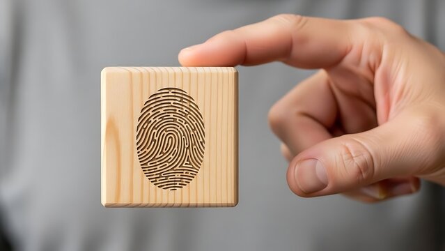 Hand holding a wooden block with a fingerprint engraved on it, representing identity and security