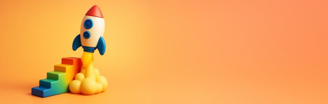 Colorful toy rocket launching from rainbow stairs with smoke on orange background with copy space for concept of startup and creativity template. Ai generative