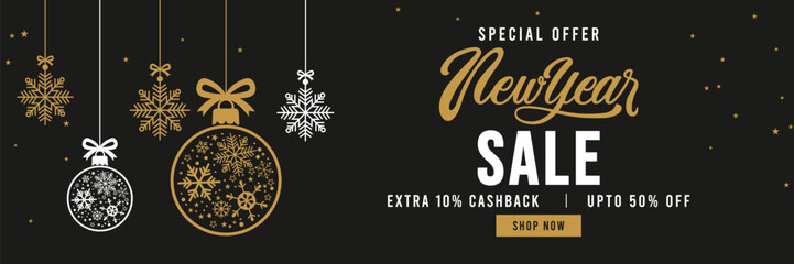 Elegant New Year sale banner with black background, gold and white typography, hanging snowflake ornaments and stars, promoting special offer holiday discount. 