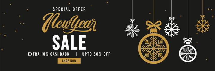 Elegant New Year sale banner with black background, gold and white typography, hanging snowflake ornaments and stars, promoting special offer holiday discount. 