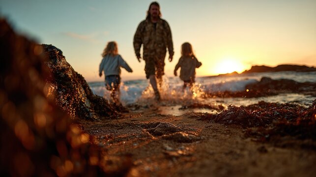 A father walks joyfully with his children along the beach at sunset, capturing the essence of family bonding and carefree moments in a picturesque coastal landscape.