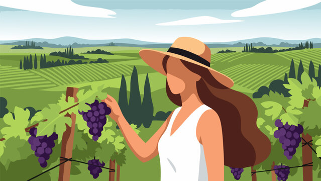 Illustration of a woman in a sun hat, inspecting grapes in a vineyard, with rolling hills and a landscape in the background, a wine-related concept