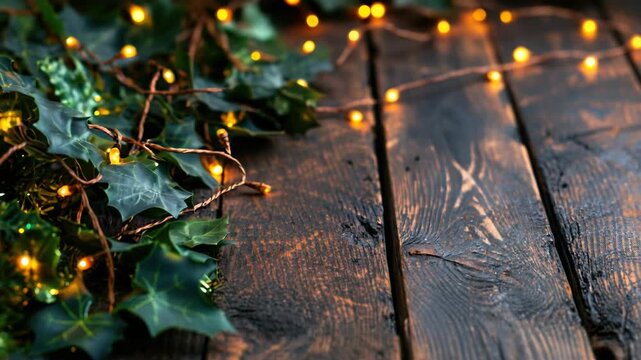 A rustic wooden table adorned with string lights and holly branches, evoking a warm holiday atmosphere.