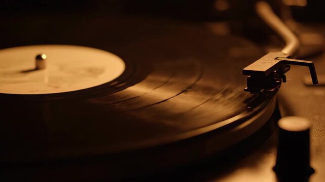Vintage vinyl record player with a spinning record closeup view
