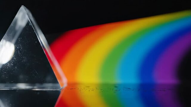 Close-up slow motion of bright light splitting into a vibrant color spectrum through a triangular glass prism vivid, dispersion, background