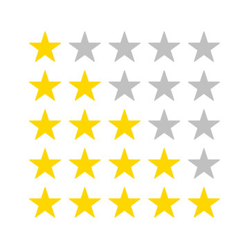 Gold Star Product Rating and Customer Review Icons for Apps and Websites Five Star Rating Symbol Isolated on Transparent Background , Active and Inactive Stars, Gold and Grey 5-Star Review Symbols