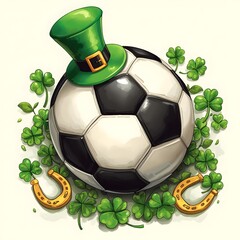 St Patrick&rsquo;s Day soccer ball with leprechaun hat shamrocks and golden horseshoes in playful green festive sports themed holiday artwork