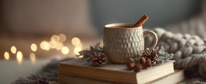 The mug resting on stacked books with cinnamon stick pinecones and warm bokeh lights