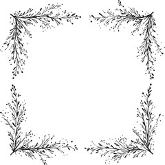 Obraz premium Floral corner frame sketch, hand drawn botanical branches in four corners. Vector illustration