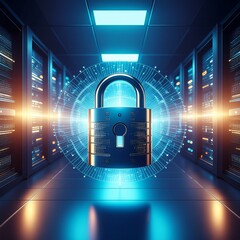 A futuristic cybersecurity concept featuring a glowing digital lock safeguarding network servers in a high-tech data center